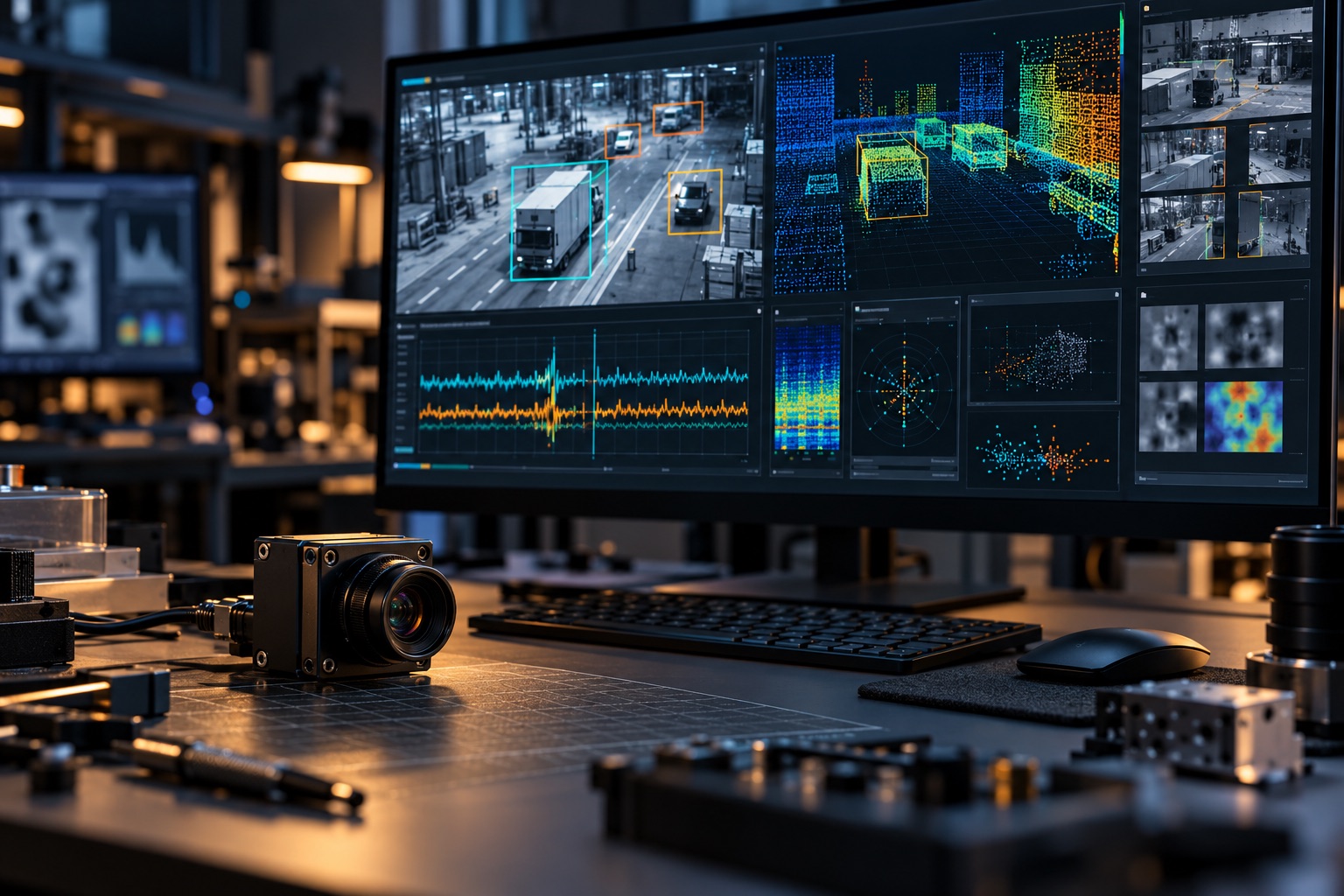 Computer vision and signal analysis displayed at an engineering workstation