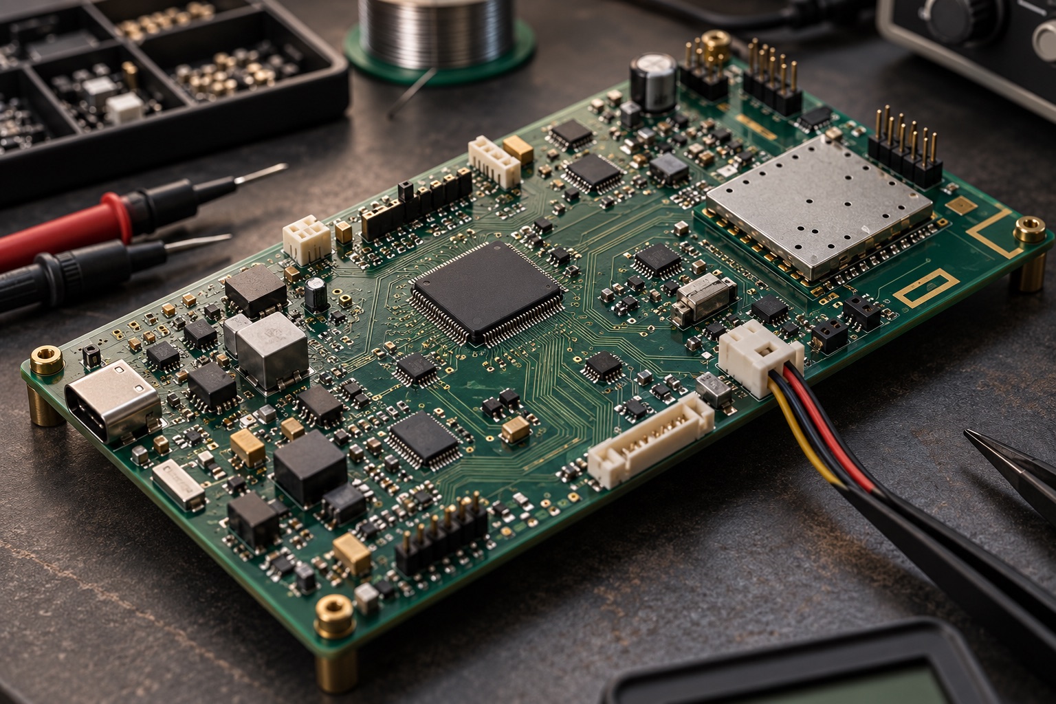 Detailed embedded electronics prototype with sensor and communication components